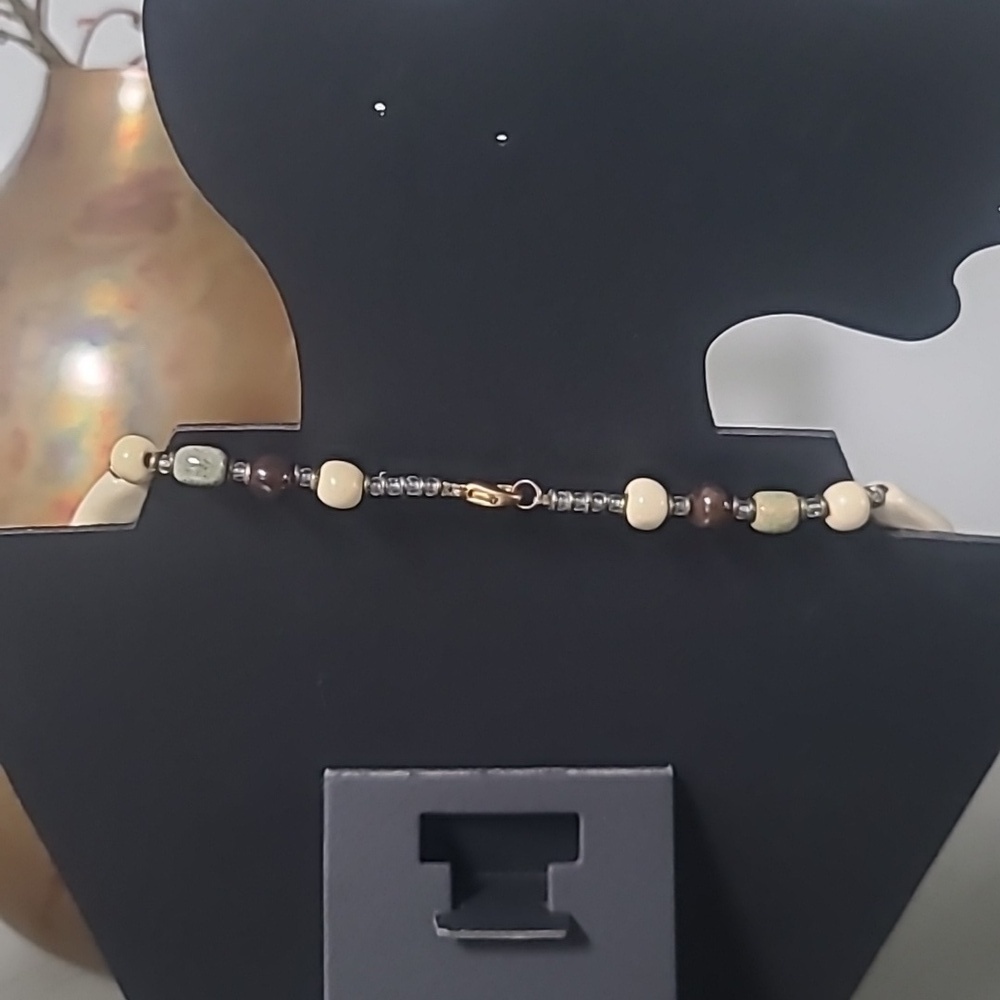 Neutral Brown and Cream Ceramic Beaded Women's Necklace - Picture 5 of 6